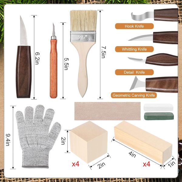 30 Pcs Wood Carving Tools Whittling Kit Include Hand Carving Knife Set Wood Blocks Cut Resistant Gloves Sawdust Brush Sharpening Stone Polishing Wax Sharpening Leather Storage Bag for Beginners - Image 2