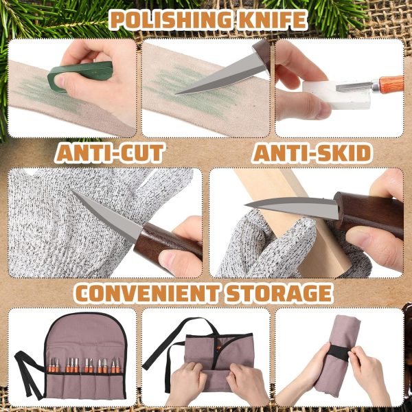 30 Pcs Wood Carving Tools Whittling Kit Include Hand Carving Knife Set Wood Blocks Cut Resistant Gloves Sawdust Brush Sharpening Stone Polishing Wax Sharpening Leather Storage Bag for Beginners - Image 4