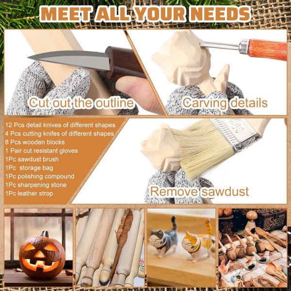 30 Pcs Wood Carving Tools Whittling Kit Include Hand Carving Knife Set Wood Blocks Cut Resistant Gloves Sawdust Brush Sharpening Stone Polishing Wax Sharpening Leather Storage Bag for Beginners - Image 5