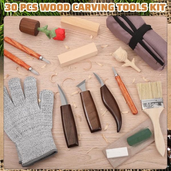 30 Pcs Wood Carving Tools Whittling Kit Include Hand Carving Knife Set Wood Blocks Cut Resistant Gloves Sawdust Brush Sharpening Stone Polishing Wax Sharpening Leather Storage Bag for Beginners - Image 7