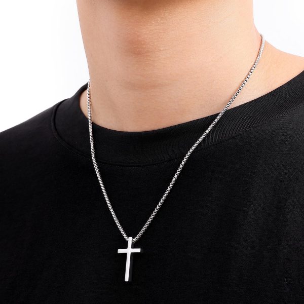 Cross Necklace for Men, Silver/Gold/Black Mens Cross Necklaces with 2.5mm Cross Chain and Stainless Steel Cross Pendant, Box Chain 16-24 Inch - Image 2