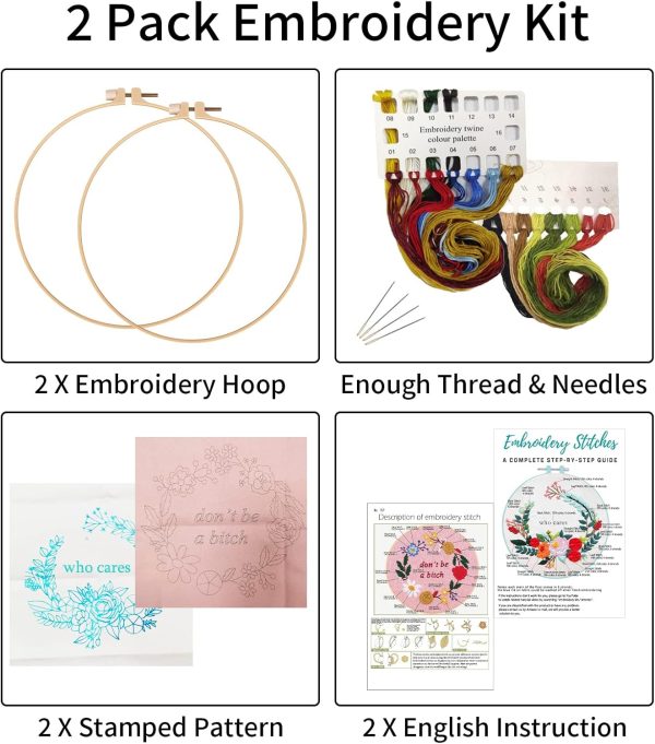 Nuberlic 2 Sets Funny Embroidery Kit with Stamped Floral Pattern for Beginners Adults Simple Cross Stitch Kits Include Needlepoint Cloth Hoops Needles Threads - Image 2