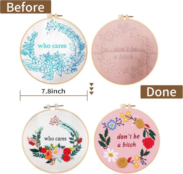 Nuberlic 2 Sets Funny Embroidery Kit with Stamped Floral Pattern for Beginners Adults Simple Cross Stitch Kits Include Needlepoint Cloth Hoops Needles Threads - Image 3