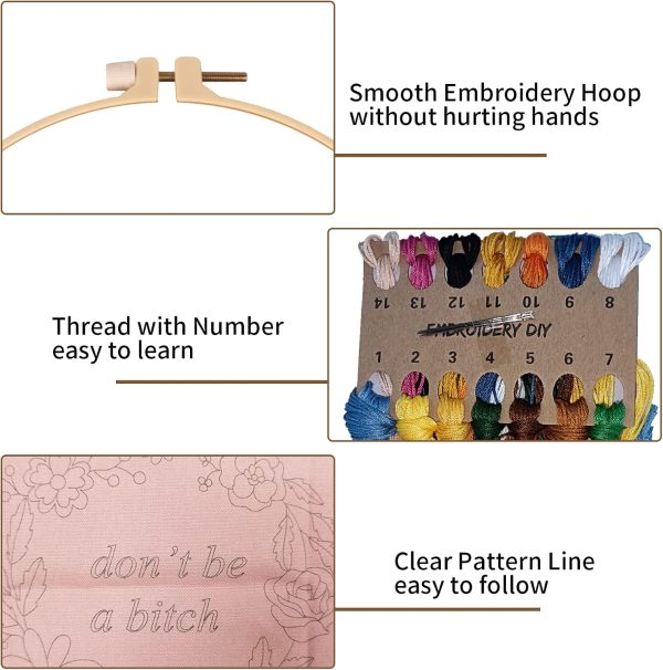 Nuberlic 2 Sets Funny Embroidery Kit with Stamped Floral Pattern for Beginners Adults Simple Cross Stitch Kits Include Needlepoint Cloth Hoops Needles Threads - Image 4