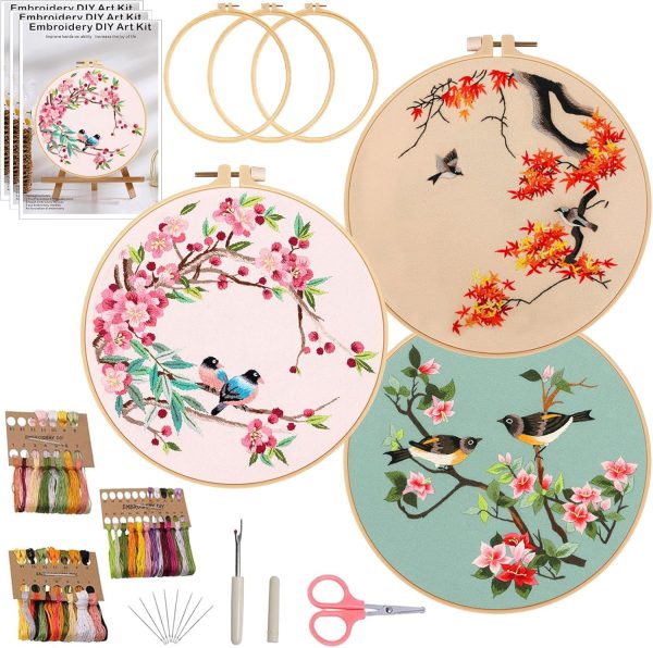 Ohcol 3 Pack Bird Embroidery Kits,Cross Stitch Kits Needlepoint Kits for Adults Beginner,Needle Point Kits with Washable Pre-Printed Pattern,3 Hoops,Women's Handcrafts